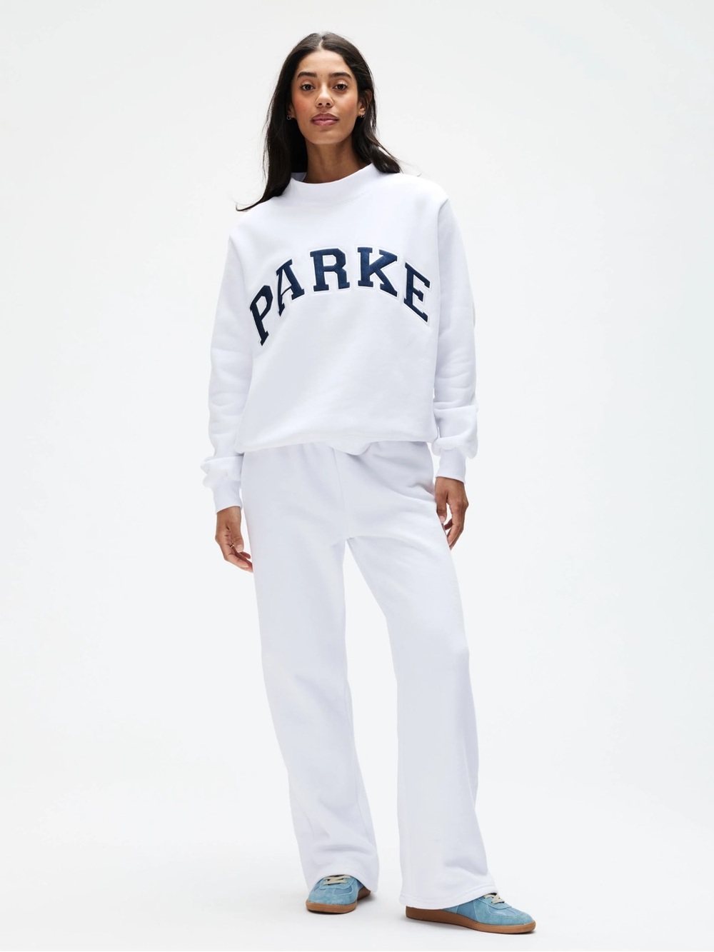 NWT Parke Fleece Women's OG Varsity Mockneck in White with Denim Letters